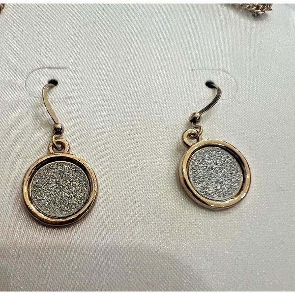 Gold Tone Necklace Earrings Set Silver Glitter Disc Statement NOS Minimal Luxe - Picture 8 of 10